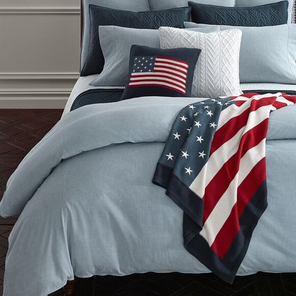 Ralph Lauren King Fitted Sheet Extra Deep Cotton Workshirt Chambray Home Bedding - Picture 1 of 6